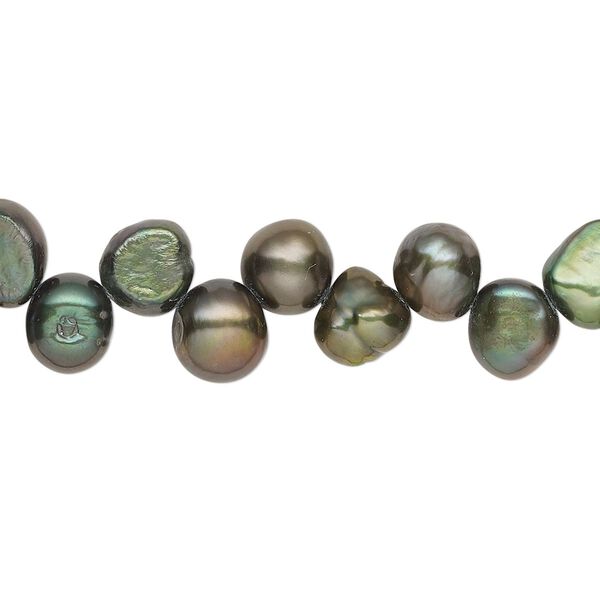 Pearl, cultured freshwater (dyed), dark forest green, 7-8mm top-drilled flat-sided potato with 0.4-0.5mm hole, D grade, Mohs hardness 2-1/2 to 4. Sold per 14-inch strand. image number 0
