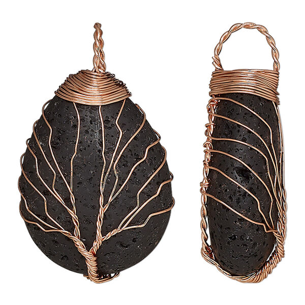 Lava rock / brass 1pkg1, copper-plated 1-sided puffed teardrop / tree of life pendant 42x31mm-49x31mm image number 0