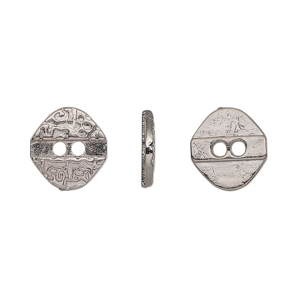 Button, gunmetal-finished "pewter" (zinc-based alloy), 12x11.5mm single-sided textured flat diamond. Sold per pkg of 50. image number 0