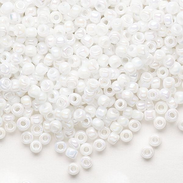 Seed bead, Dyna-Mites™, glass, opaque rainbow white, #8 round. Sold per 1/2 kilogram pkg. image number 0