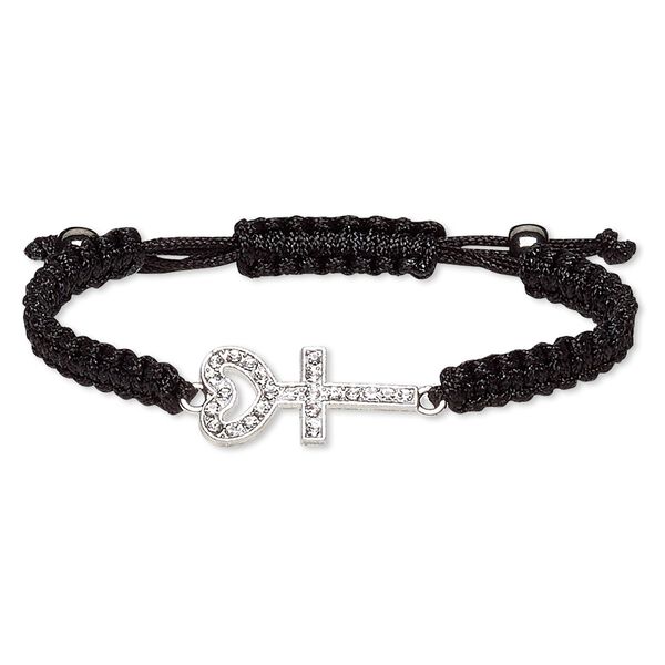 Bracelet, Hemalyke™ (man-made) / waxed cotton cord / glass rhinestone / silver-plated "pewter" (zinc-based alloy), black and clear, 39x14mm heart and cross, adjustable from 7-9 inches with macramé knot closure. Sold individually. image number 0