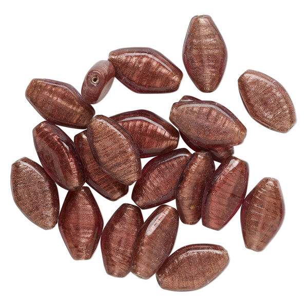 Bead, lampworked glass, translucent dark rose, 31x18mm-33x19mm flat marquise with copper-colored glitter. Sold per pkg of 20. image number 0
