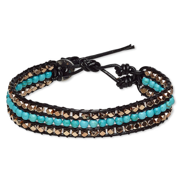 Bracelet, magnesite / leather (dyed / stabilized) / silver- / copper-plated "pewter" (zinc-based alloy), black and blue, 15mm wide, adjustable at 8 and 9 inches with button clasp. Sold individually. image number 0