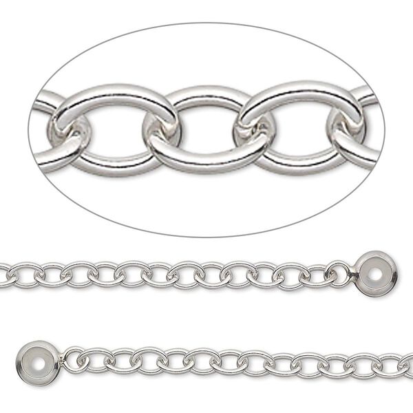 Safety chain, sterling silver and silicone, 4x3mm oval link and 5x2mm rondelle bead keeper with 1.5-2mm hole, 2-1/2 inches. Sold individually. image number 0