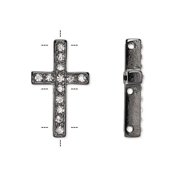 Spacer, Czech glass rhinestone and painted "pewter" (zinc-based alloy), clear and black, 25x15mm single-sided 3-strand cross with 2mm faceted round, fits up to 10mm bead. Sold per pkg of 2. image number 0