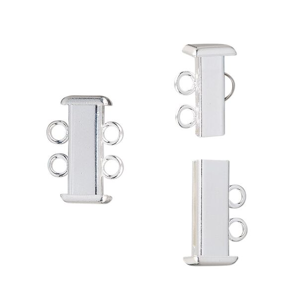 Clasp, 2-strand slide lock, silver-plated brass, 16x7mm rectangle tube. Sold per pkg of 4. image number 0