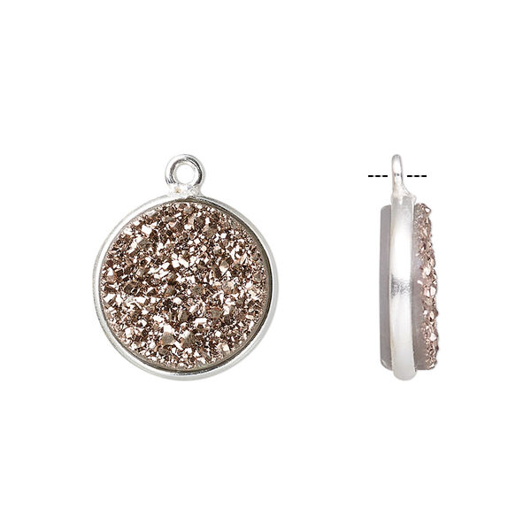 Druzy agate / sterling silver 1pkg1, hand-cut flat round drop titanium-coated rose gold / electro-coated 15mm image number 0