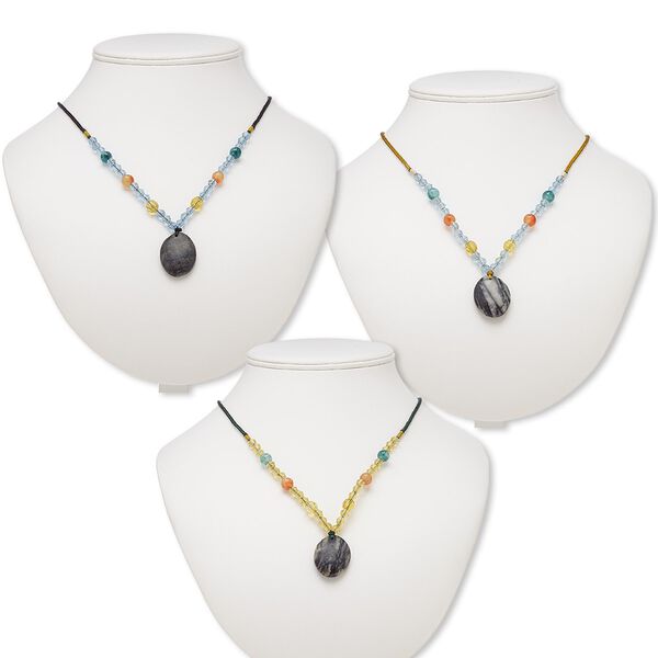 Multi-gemstone / acrylic / glass 1pkg3, oval pendant necklace mix continuous loop 20-24 inch 29x23mm-30x24mm image number 0