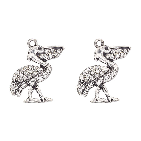 Charm, antique silver-finished "pewter" (zinc-based alloy) and glass, clear and black, 25x24mm single-sided pelican. Sold per pkg of 2. image number 0