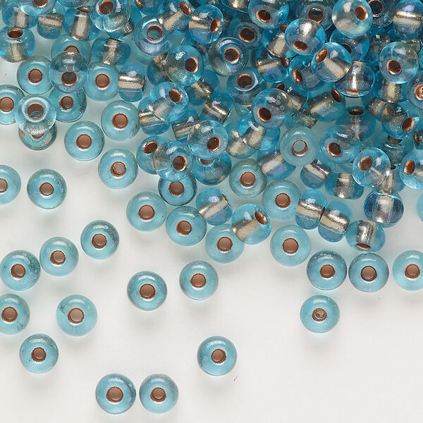 Seed bead, glass, pkg/50g, #6 rocaille, transparent color-lined bronze aquamarine. image number 0