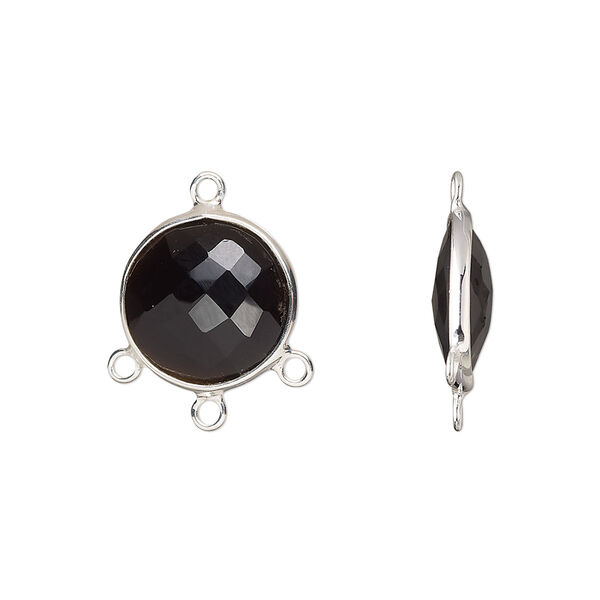 Drop, sterling silver and black onyx (dyed), 14mm hand-cut double-sided faceted puffed flat round with 3 closed loops, Mohs hardness 6-1/2 to 7. Sold individually. image number 0
