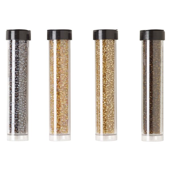Seed bead assortment, Ming Tree™, glass, pkg/(4) 4 x 3/4 inch vials, #11 round, transparent rainbow, silver-lined and luster tan, root beer and brown. image number 0