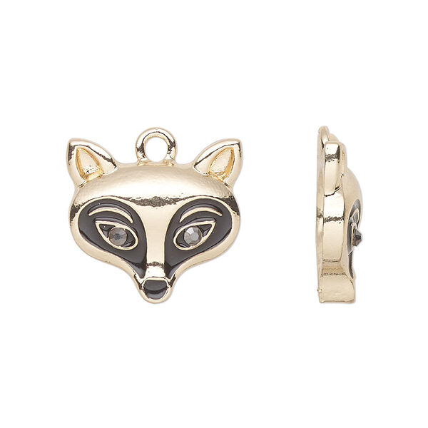 Charm, enamel / glass, gold-finished pewter (tin-based alloy), black, 18x16.5mm fox. Sold per pkg of 2. image number 0