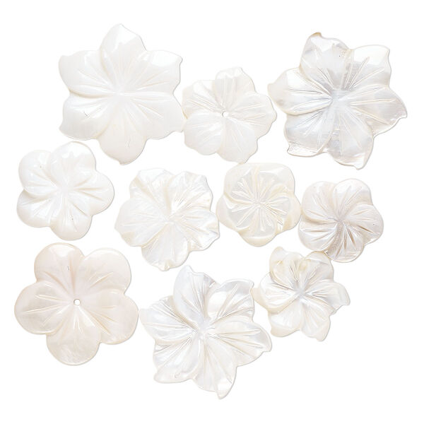 Component mix, mother-of-pearl shell (bleached), pkg/10, 12-25mm carved flower, Mohs hardness 3-1/2. image number 0