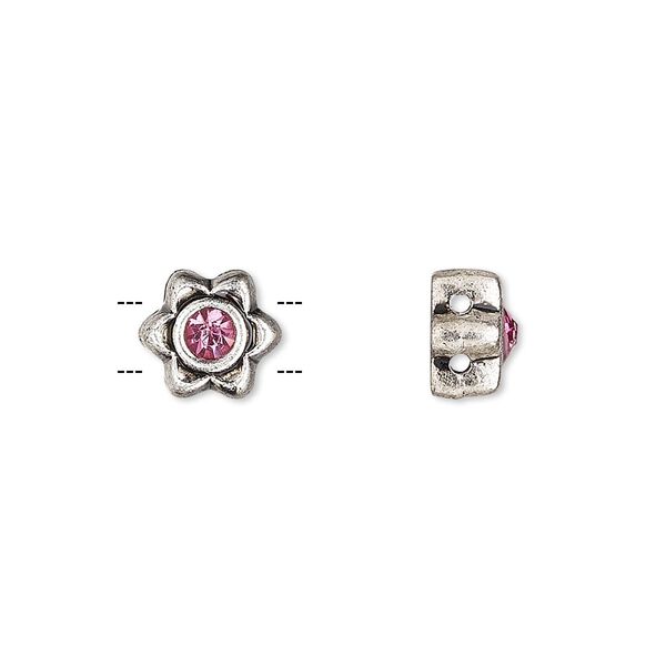 Spacer, glass rhinestone and antique silver-finished "pewter" (zinc-based alloy), pink, 8x8mm single-sided 2-strand flower, fits up to 5mm bead. Sold per pkg of 6. image number 0