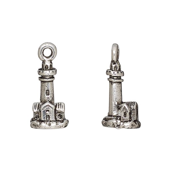 Charm, antique silver-plated pewter (tin-based alloy), 16.5x10mm 3D lighthouse. Sold per pkg of 2. image number 0