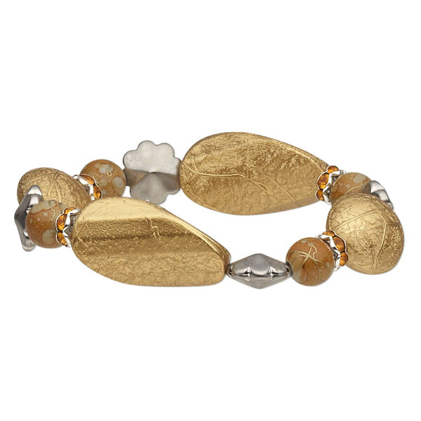 Bracelet, stretch, acrylic with gold- and silver-coated plastic, yellow, 18mm wide with twisted flat oval, 6-1/2 inches. Sold individually. image number 0