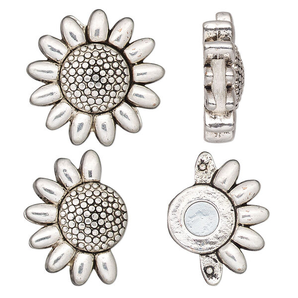 Clasp, magnetic, antique silver-finished "pewter" (zinc-based alloy), 23mm sunflower with glue-in ends, 9x2mm inside diameter. Sold individually. image number 0