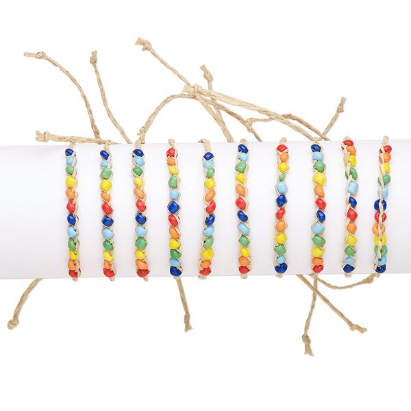 Bracelet, Everyday Jewelry, glass and raffia wood, multicolored, adjustable up to 10 inches with tie closure. Sold per pkg of 10. image number 0