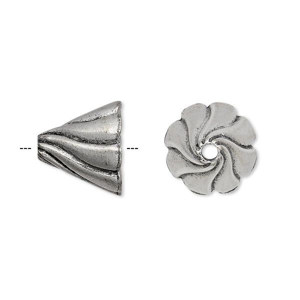 Cone, antiqued pewter (tin-based alloy), 13x12mm with swirl design, fits 12-14mm bead. Sold per pkg of 2. image number 0