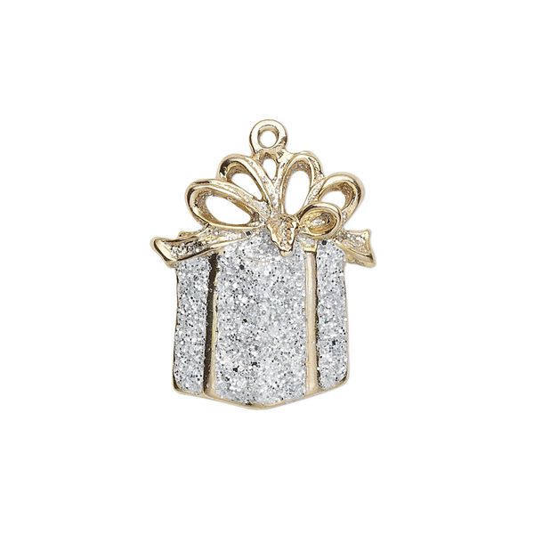 Charm, gold-finished "pewter" (zinc-based alloy) and enamel, white with silver-colored glitter, 21x19mm single-sided gift with bow. Sold per pkg of 2. image number 0