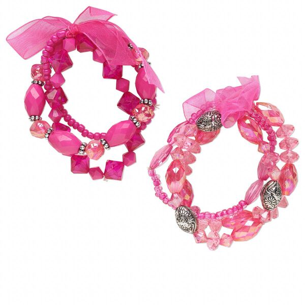 Bracelet, stretch, acrylic / glass / organza ribbon / silver-coated plastic, hot pink, bicone and multi-shape, 6 inches. Sold per pkg of 6. image number 0