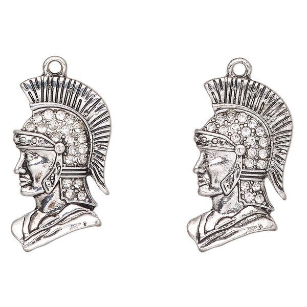 Focal, antique silver-finished "pewter" (zinc-based alloy) and glass, clear, 30x17mm Trojan head. Sold per pkg of 2. image number 0