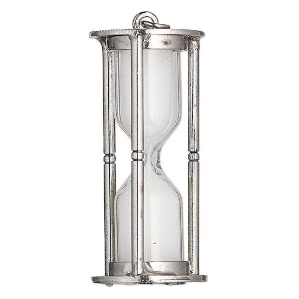 Focal, Charmed, sand / glass / antique silver-finished steel / "pewter" (zinc based alloy), clear and white, 51x23mm hourglass. Sold individually. image number 0