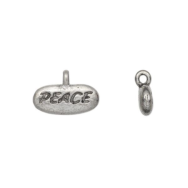 Charm, antiqued pewter (tin-based alloy), 15x7mm "PEACE" pebble. Sold per pkg of 4. image number 0