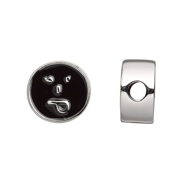 Bead, Dione®, enamel and silver-finished "pewter" (zinc-based alloy), black, 16mm double-sided flat round with playful emoticon face and 4mm hole. Sold individually. image number 0