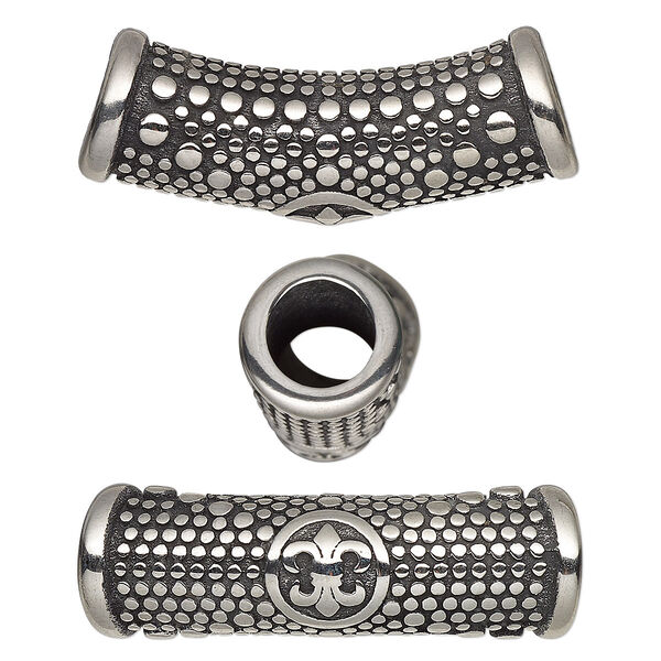 Bead, antiqued stainless steel, 29.5x12mm curved tube with fleur-de-lis and dot design. Sold individually. image number 0