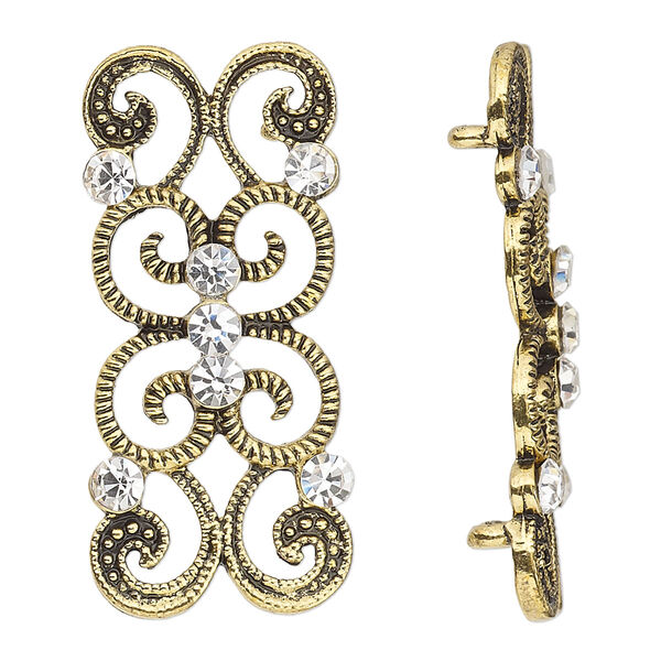 Spacer, antique gold-finished "pewter" (zinc-based alloy) and Czech glass rhinestone, clear, 37x16mm 2-strand fancy rectangle. Sold per pkg of 4. image number 0