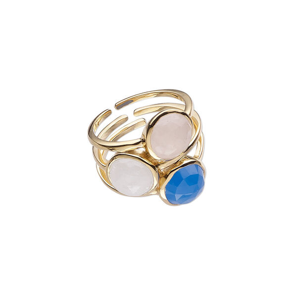 Ring, rainbow moonstone / blue chalcedony (natural / dyed) / gold-finished sterling silver, 24.5mm wide, size 10. Sold individually. image number 0