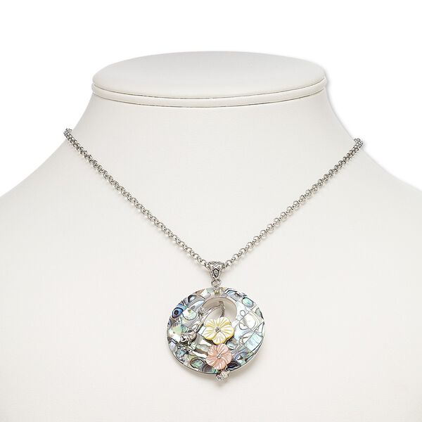 Necklace, resin / abalone shell / freshwater pearl shell (dyed / assembled) / glass rhinestone / imitation rhodium-plated brass, multicolored, 40mm round go-go with flowers, 18 inches with 2-inch extender chain and lobster claw clasp. Sold individually. image number 0
