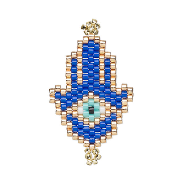 Link, Creative Touch, glass, cobalt blue / copper / multicolored, 26x15mm double-sided Hamsa hand with wards-off-the-evil-eye design. Sold individually. image number 0