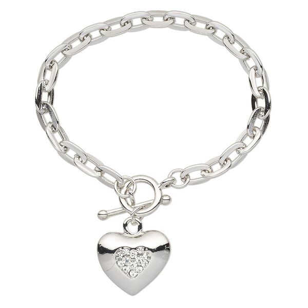 Bracelet, glass rhinestone with imitation rhodium-plated steel and "pewter" (zinc-based alloy), clear, 23x20mm puffed heart, 6-1/2 inches with toggle clasp. Sold individually. image number 0