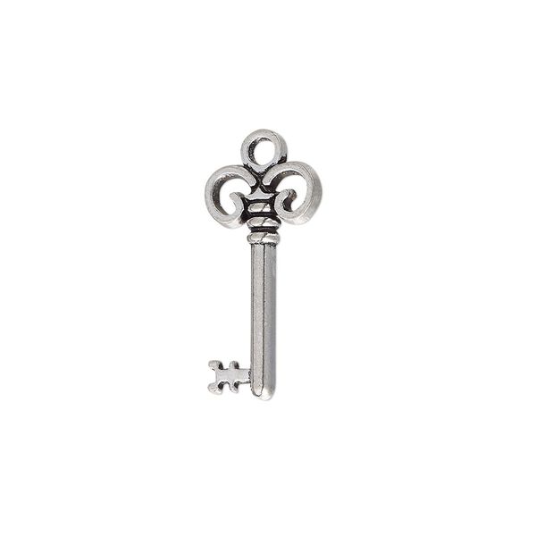 Charm, antique silver-plated "pewter" (zinc-based alloy), 24x11mm single-sided key. Sold per pkg of 20. image number 0