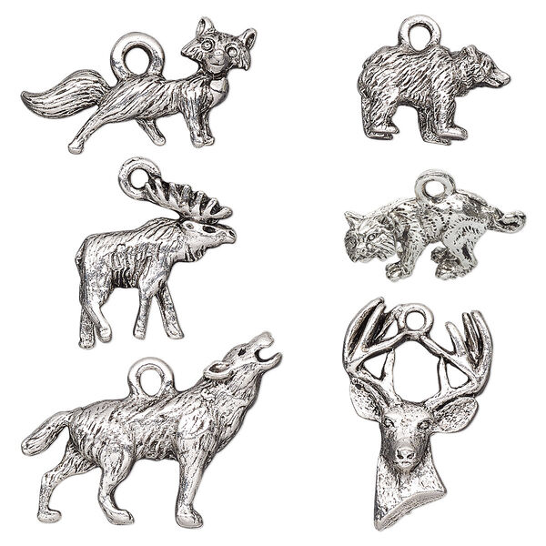 Charm, antique silver-plated pewter (tin-based alloy), 14.5x9.5mm-26.5x19mm 3D and two-sided assorted wildlife. Sold per pkg of 6. image number 0