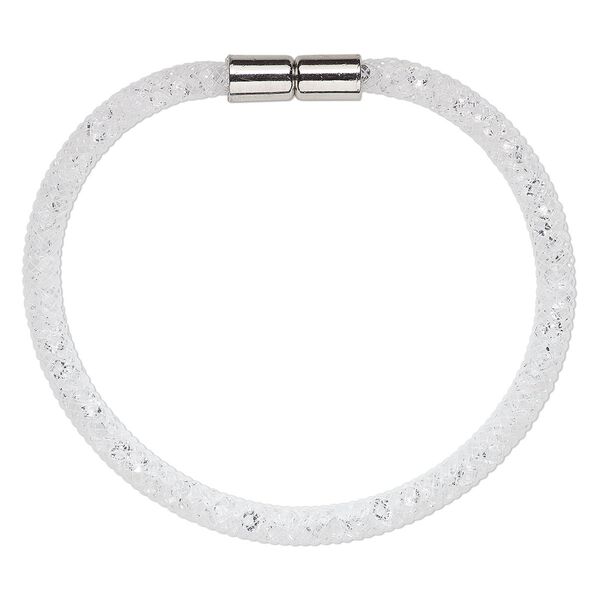 Bracelet, nylon / acrylic / imitation rhodium-finished "pewter" (zinc-based alloy), white and clear, 4mm wide mesh, 7-1/2 inches with magnetic clasp. Sold individually. image number 0