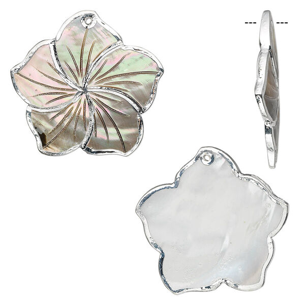 Focal, black lip shell with silver-colored foil and resin coating, 48mm carved flower. Sold individually. image number 0