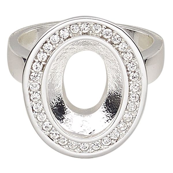 Ring, Almost Instant Jewelry®, crystals and silver-plated "pewter" (zinc-based alloy), crystal clear, 21x17mm oval with 14x10mm oval setting, size 8. Sold individually. image number 0