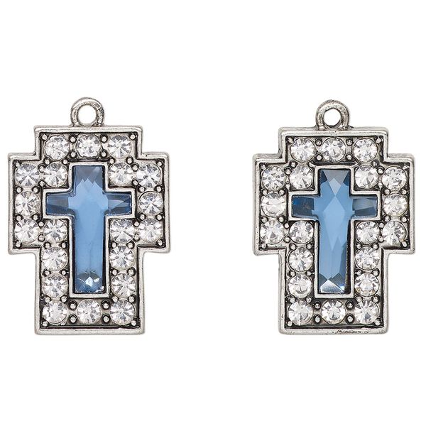 Drop, antique silver-finished "pewter" (zinc-based alloy) and glass, clear and light blue, 25x19mm cross. Sold per pkg of 2. image number 0