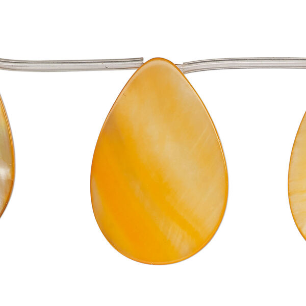 Bead, mother-of-pearl shell (dyed), orange, 30x6mm-30x10mm top-drilled flat teardrop, Mohs hardness 3-1/2. Sold per 13-inch strand, approximately 10 beads. image number 0