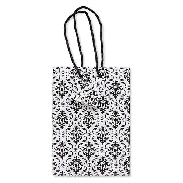 Gift bag, paper and nylon, black and white, 6-3/4 x 4-3/4 inches with damask pattern and handle with tag. Sold per pkg of 100. image number 0