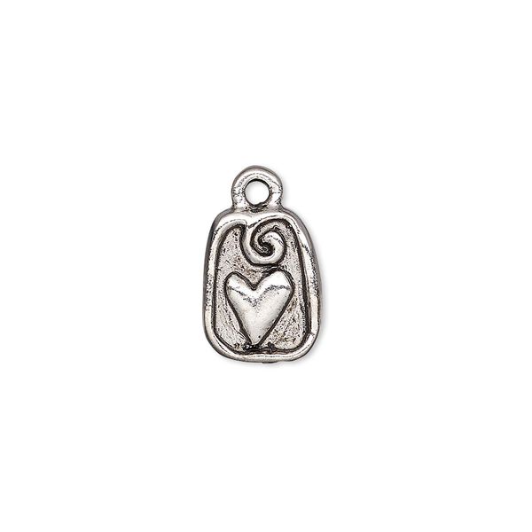 Drop, antique silver-plated pewter (tin-based alloy), 13x10mm single-sided trapezoid with heart and swirl design. Sold per pkg of 2. image number 0