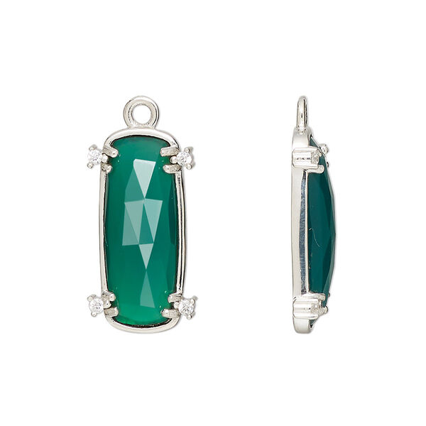 Drop, green onyx (dyed) / cubic zirconia / sterling silver, clear, 21x11mm hand-cut single-sided faceted oval, Mohs hardness 6-1/2 to 7. Sold individually. image number 0