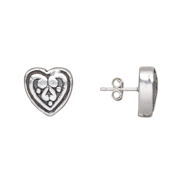 Earstud, antiqued sterling silver, electroformed, 12mm heart with swirls design. Sold per pair. image number 0
