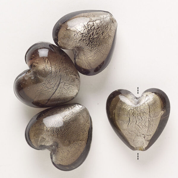 Bead, lampworked glass, pkg/4, opaque and translucent grey with silver-colored foil, 28x27mm-29x28mm puffed heart. image number 0
