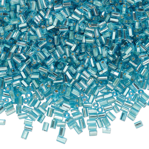 Bugle bead, glass, translucent silver-lined aqua blue, #1 round tube. Sold per 50-gram pkg, approximately 2,000 beads. image number 0
