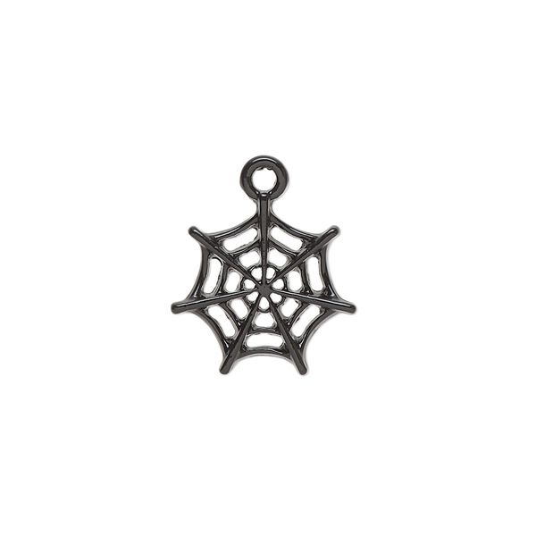 Charm, black-finished "pewter" (zinc-based alloy), 15mm spiderweb. Sold per pkg of 4. image number 0